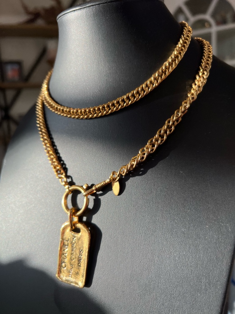 CHANEL Gold Plated Dog Tag Pendant Logo Necklace - Picture 6 of 9